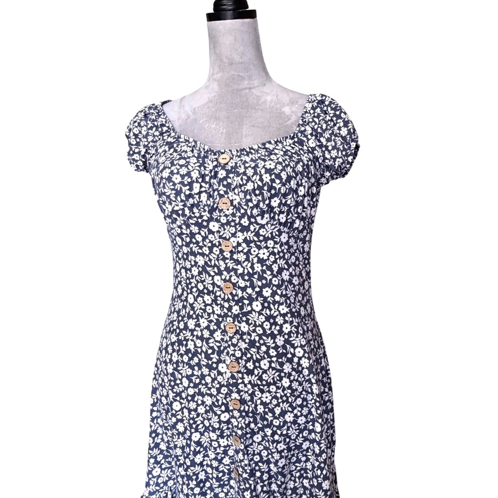 Derek Heart Navy Blue Floral Milkmaid Mini Dress Button Front Ruffle Hem Medium - Picture 2 of 8